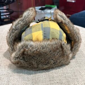 Mad bomber Yellow and Gray Plaid Trapper Hat with Faux Fur